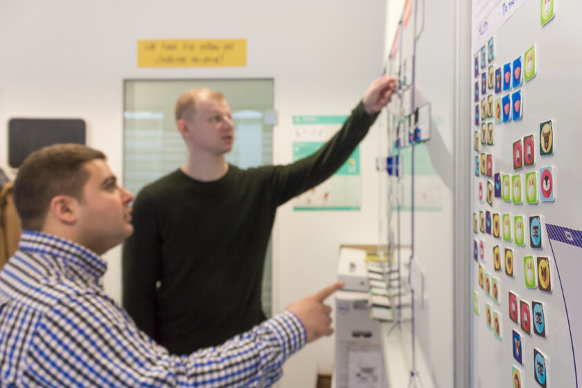 Digitale Leute - André Hoendgen - Justix - André und seinn Kollege besprechen den aktuellen Sprint am Scrumboard in ihrem Office im Kölner Mediapark.