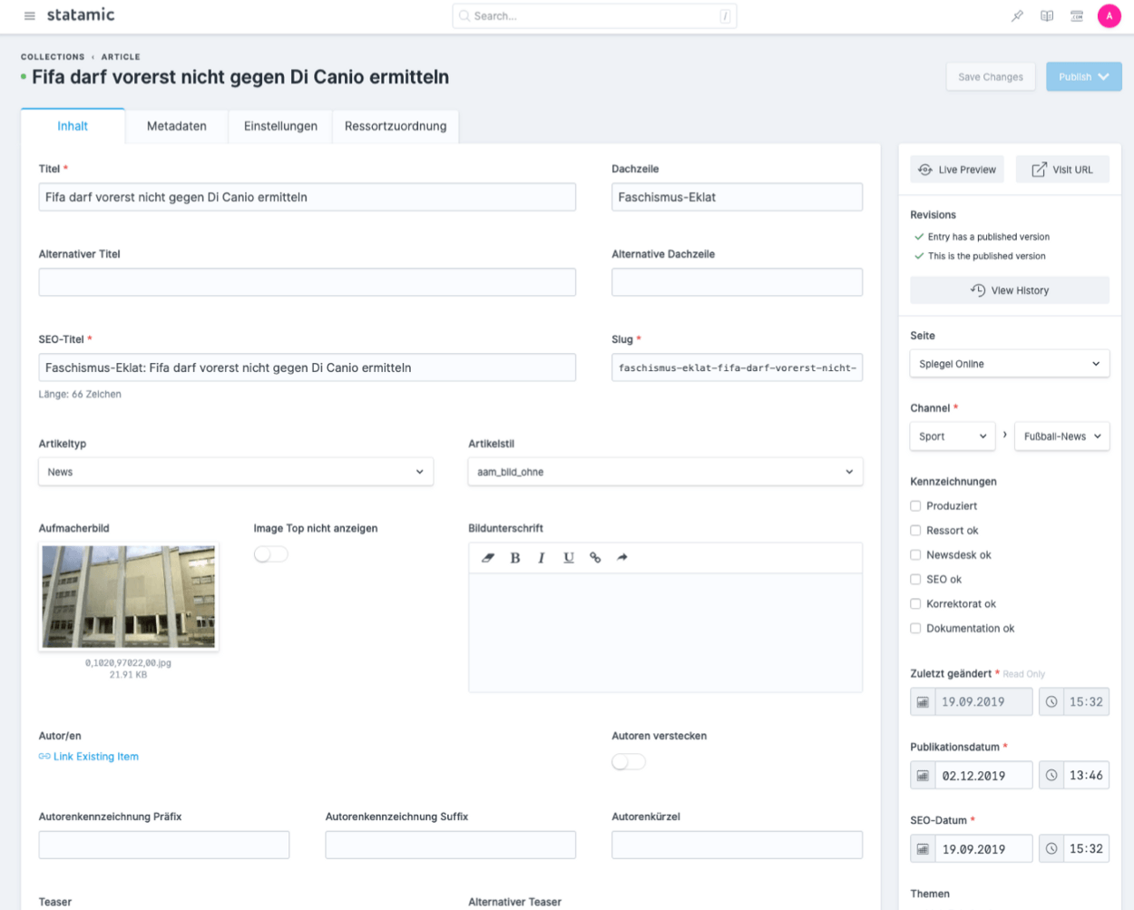 Screenshot des Backends von Statamic.