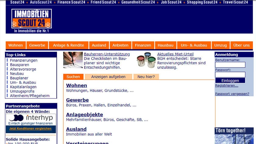 So sah die Immobilienscout24-Webseite im Jahr 2003 aus.