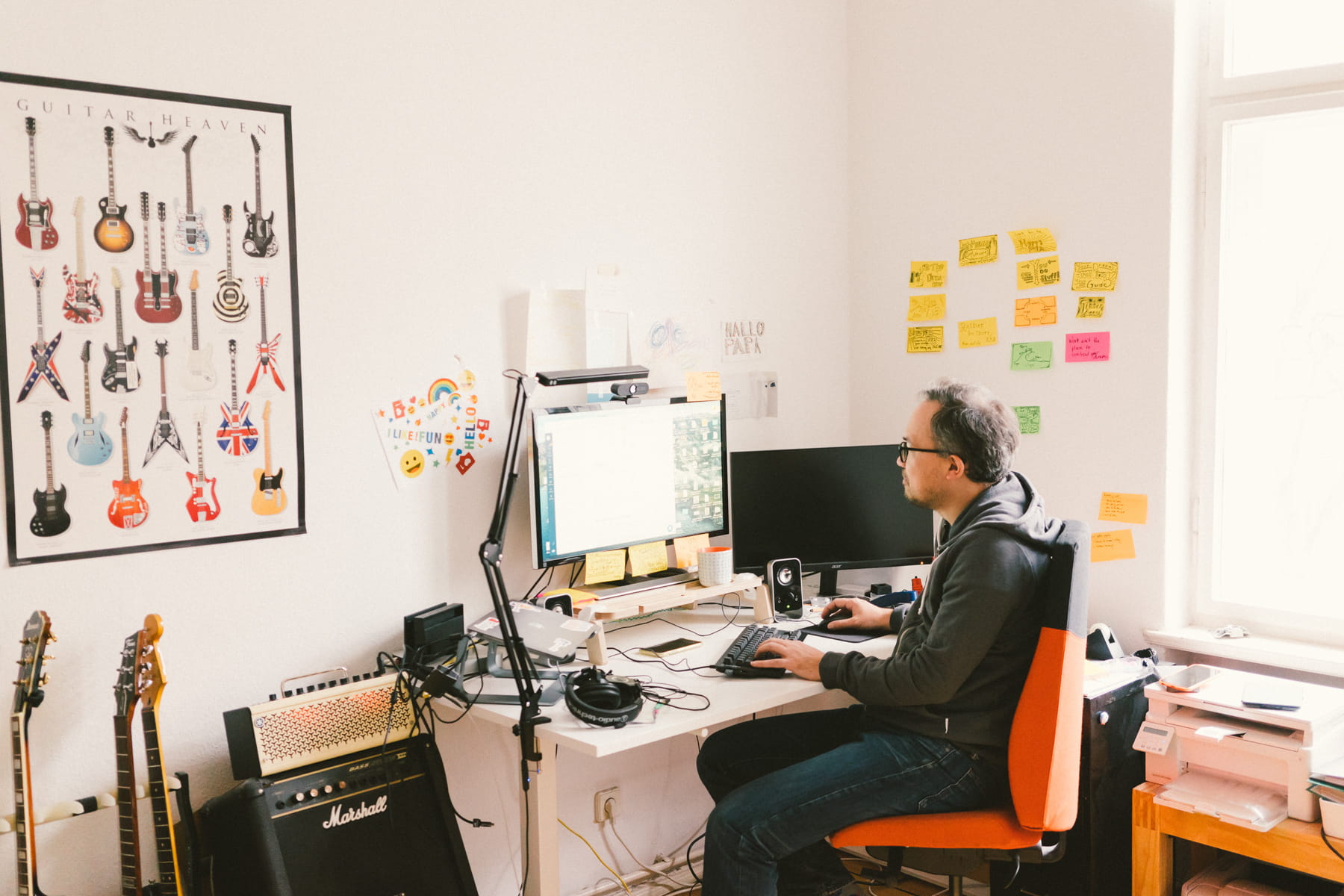 Mikio Braun im Home Office mit seiner Gitarrensammlung.